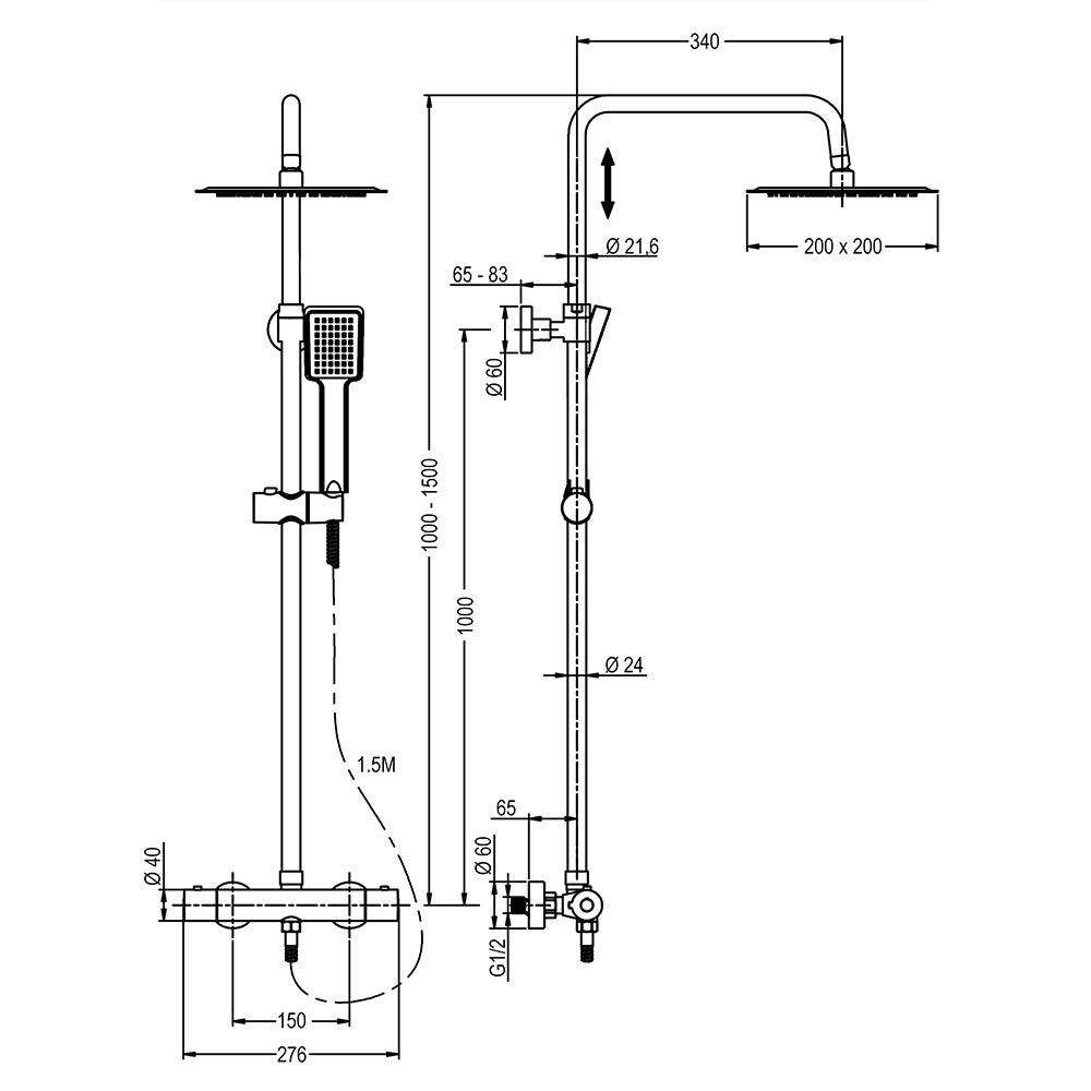 Columna Ducha extralarga termostática MOLINA cuadrada de 100-150 cm CROMO brillo - Imagen 5