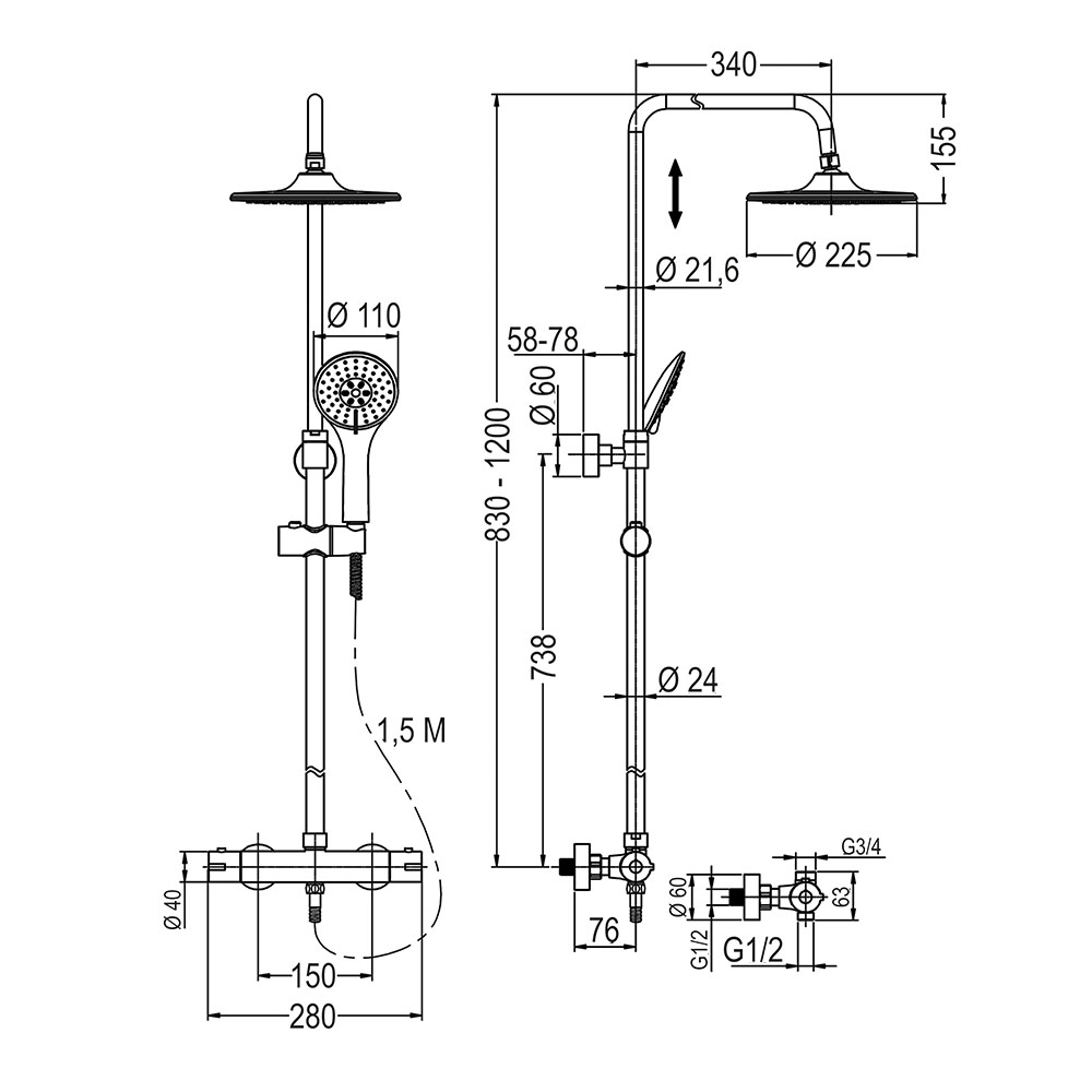 Columna Ducha termostática redonda de 83-120 cm NEGRO mate - Imagen 5