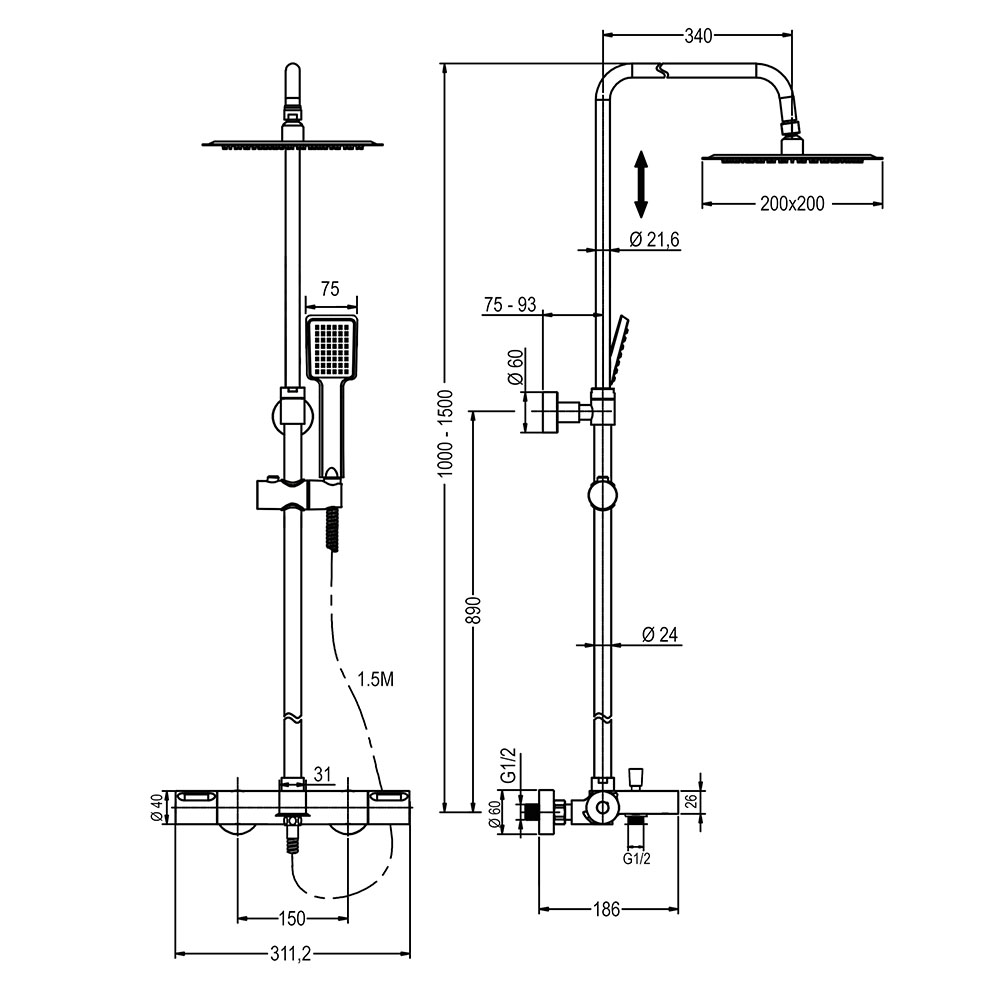 Columna Ducha extralarga termostática GASOL cuadrada de 100-150 cm CROMO brillo - Imagen 5