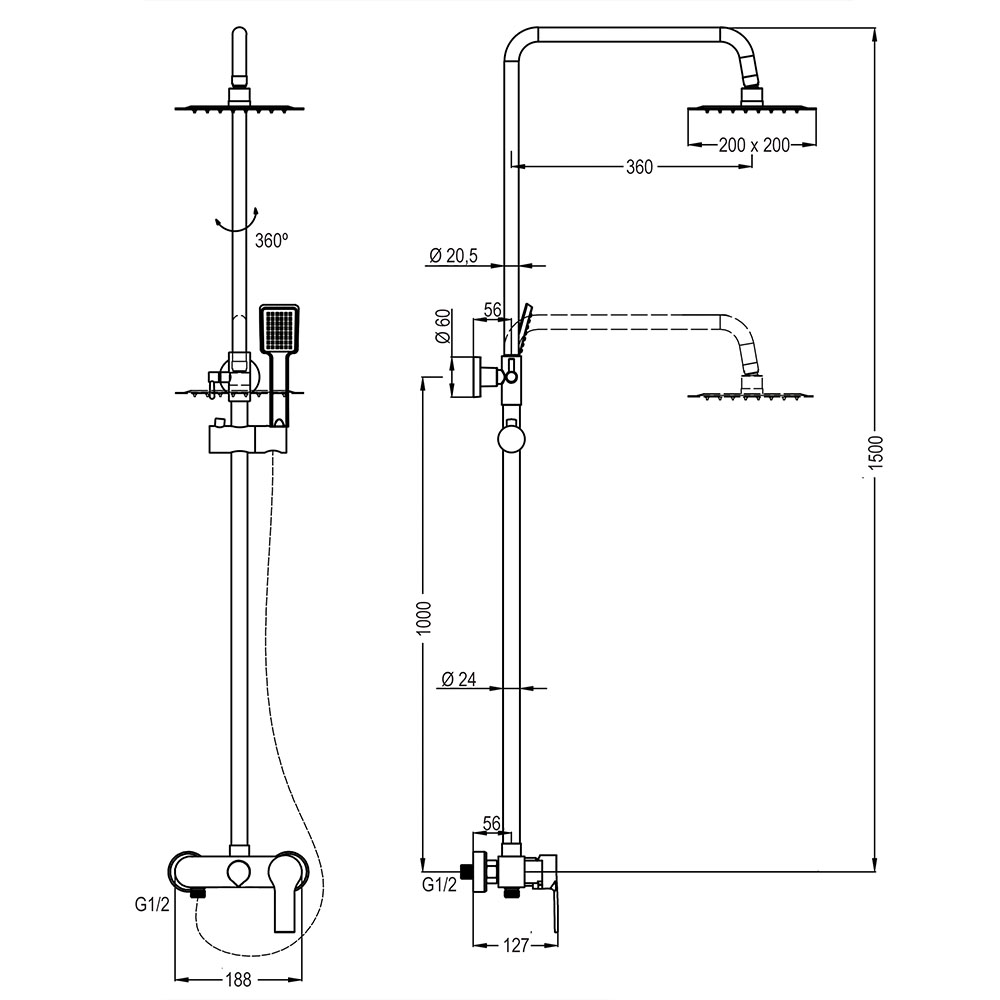 Columna Ducha extralarga monomando VERA cuadrada de 100-150 cm CROMO brillo - Imagen 5