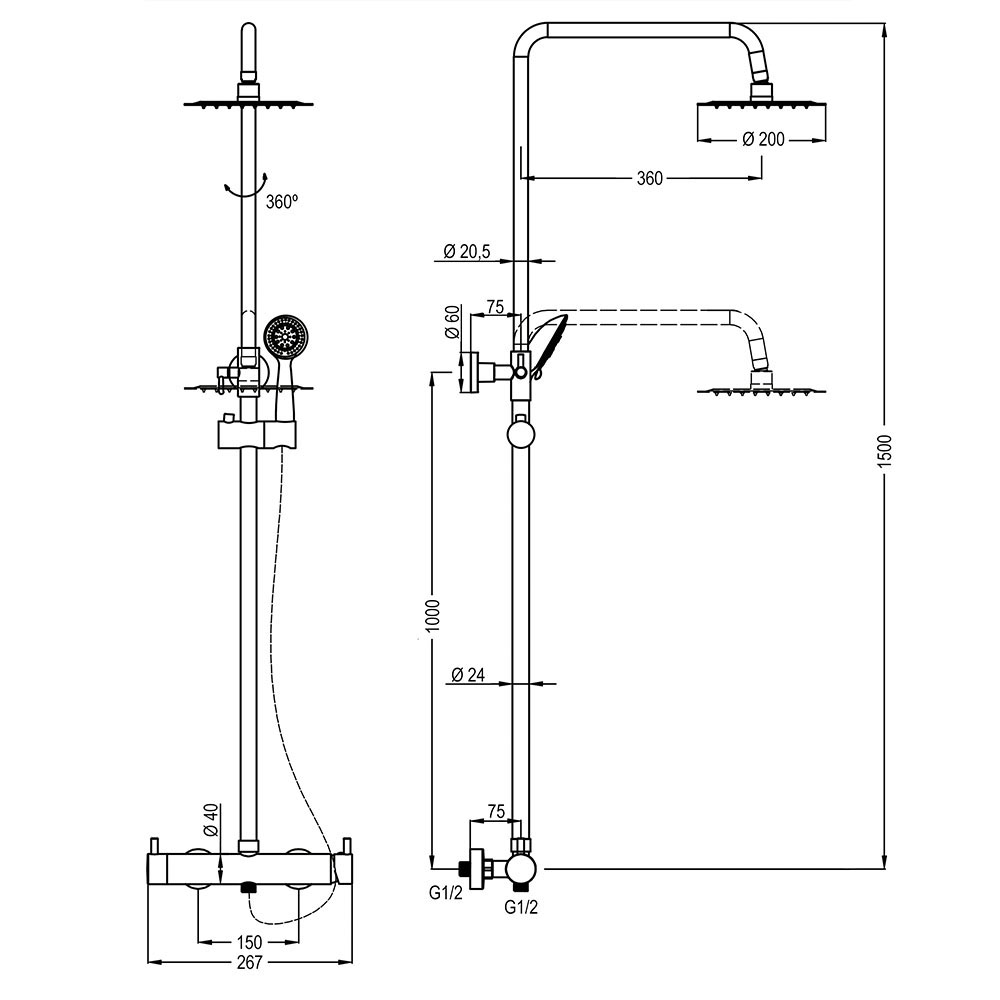 Columna Ducha extralarga monomando TORRES redonda de 100-150 cm CROMO brillo - Imagen 5