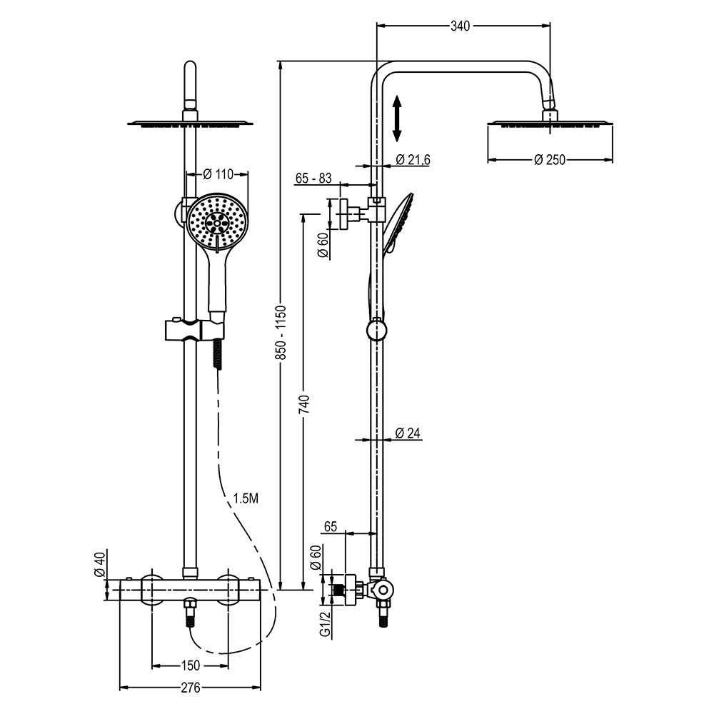 Columna Ducha duchón 25 termostática redonda de 85-115 cm CROMO brillo - Imagen 5