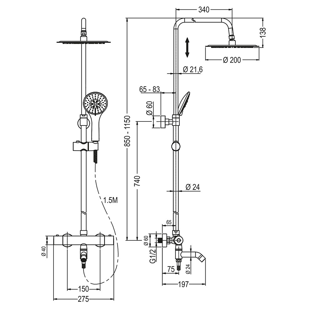 Columna Ducha termostática CON CAÑO redonda de 85-115 cm CROMO brillo - Imagen 5