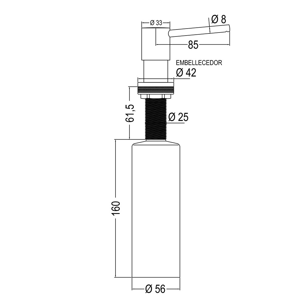 Dosificador de Gel para empotrar en encimera redondo CROMO brillo fabricado en LATÓN - Imagen 5