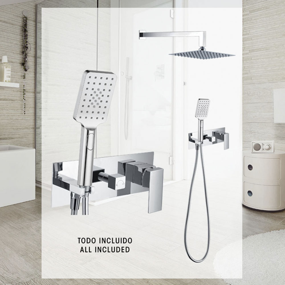 Grifo Empotrado de Ducha equipo de pared monomando QUEVEDO cuadrado CROMO brillo - Imagen 7