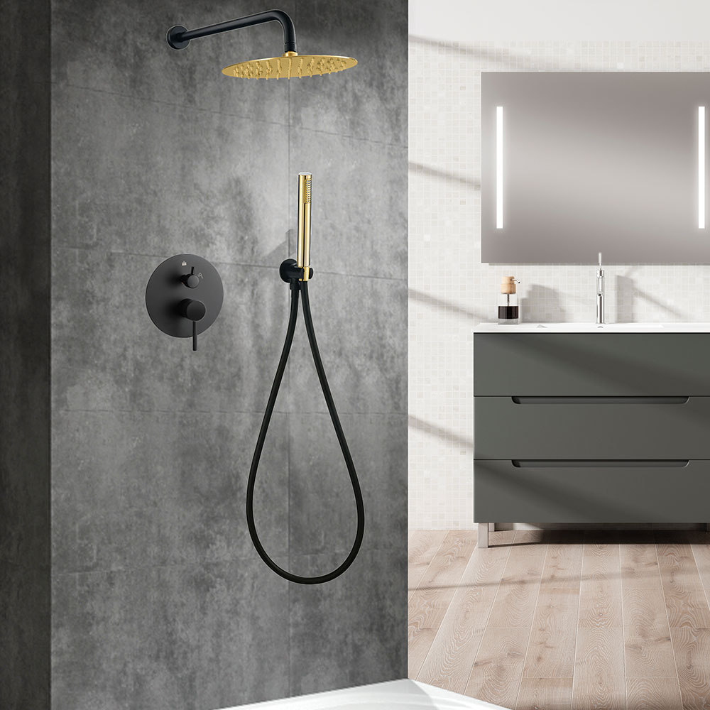 Grifo Empotrado de Ducha equipo de pared monomando VALDES redondo NEGRO ORO
