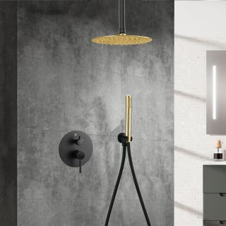 Grifo Empotrado de Ducha equipo de techo monomando VALDES redondo NEGRO ORO