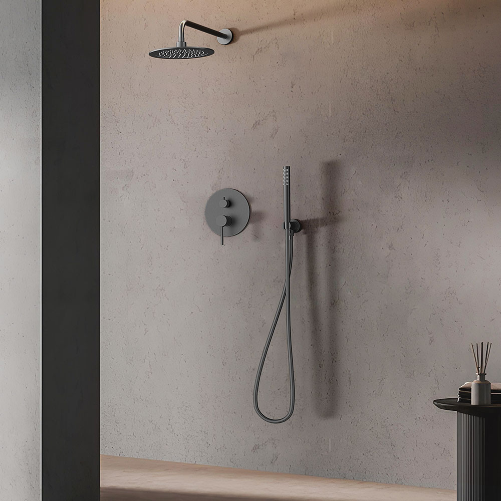 Grifo Empotrado de Ducha equipo de pared monomando redondo GUN METAL mate