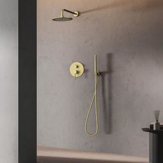 Grifo Empotrado de Ducha equipo de pared monomando redondo ORO CEPILLADO ORO mate