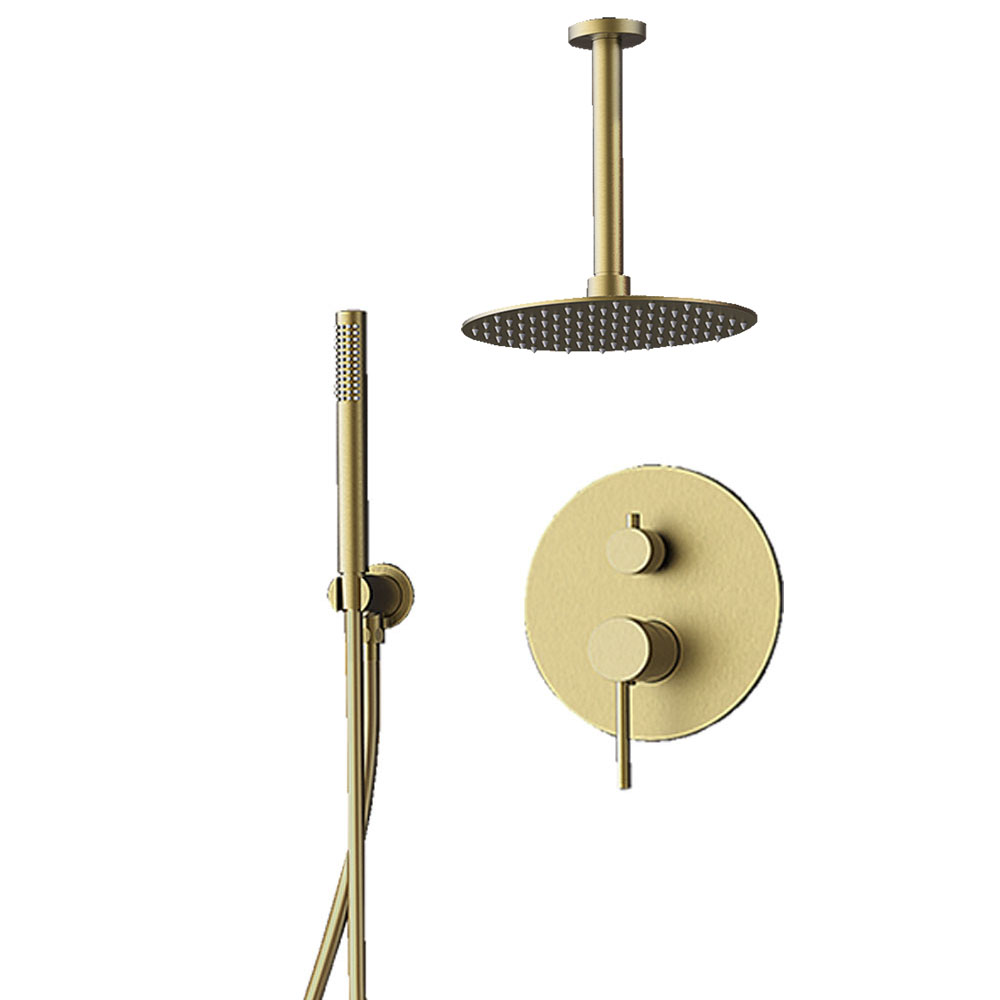 Grifo Empotrado de Ducha equipo de techo monomando redondo ORO CEPILLADO ORO mate - Imagen 2